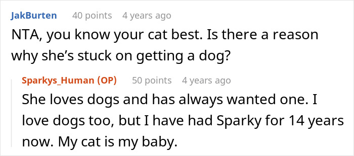 Screenshot of a Reddit conversation about a woman upset her girlfriend won’t let her get a dog because of her old cat. Screenshot of a Reddit conversation about a woman upset her girlfriend won’t let her get a dog because of her old cat.
