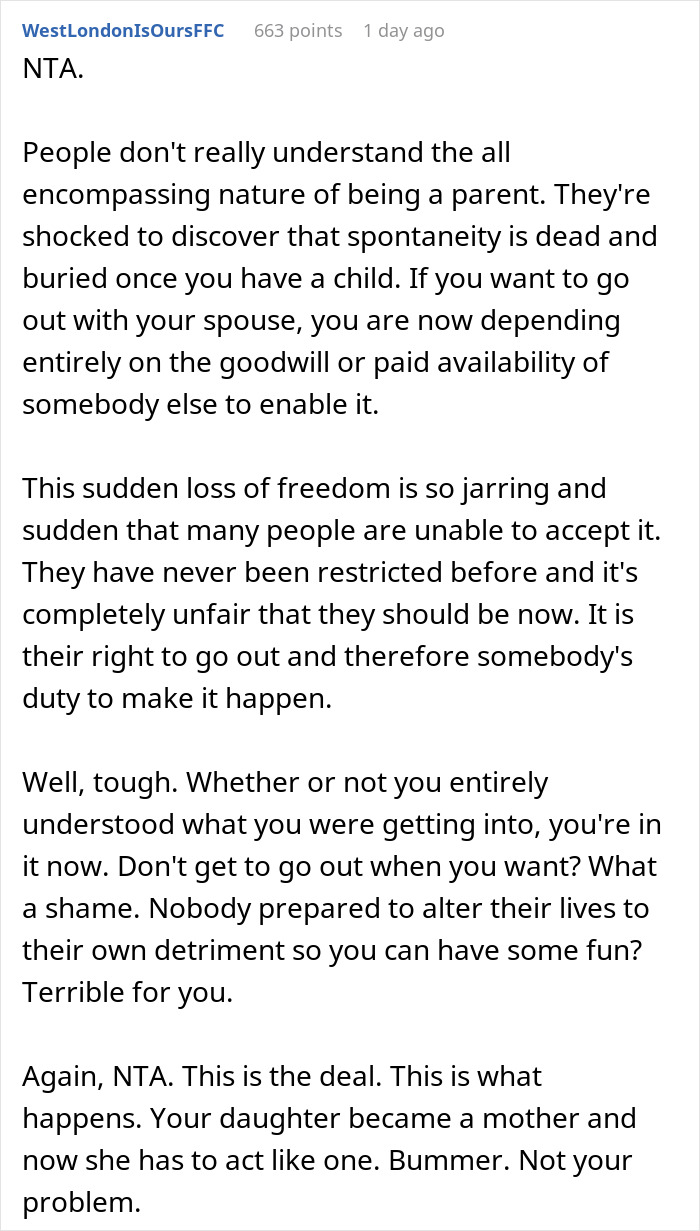 Comment explaining refusal of taking care granddaughter free, highlighting parenting challenges and loss of personal freedom.