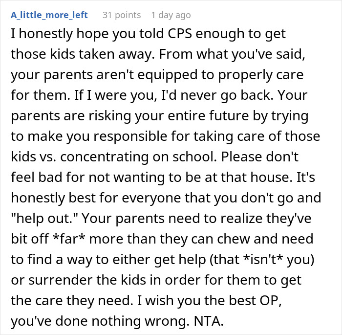 Exhausted teen Reddit comment about autistic siblings screaming and CPS involvement