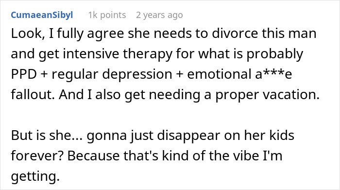 Alt text: Online comment discussing a mom running away from her kids on Christmas and emotional fallout challenges.