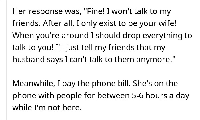 Text excerpt about a wife’s phone dependence causing marital strain and leading to divorce due to excessive phone use.
