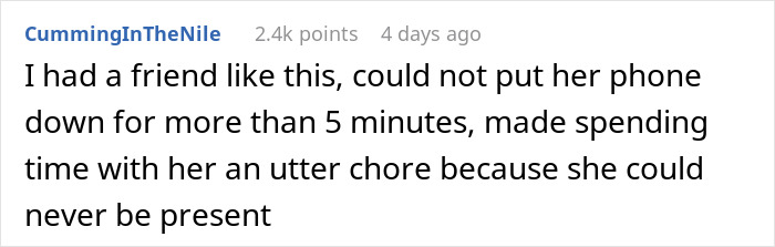 Screenshot of a social media comment about phone dependence causing relationship struggles and lack of family presence.