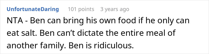 Screenshot of a Reddit comment criticizing a picky eater demanding brother’s in-laws change the entire Christmas menu. Screenshot of a Reddit comment criticizing a picky eater demanding brother’s in-laws change the entire Christmas menu.
