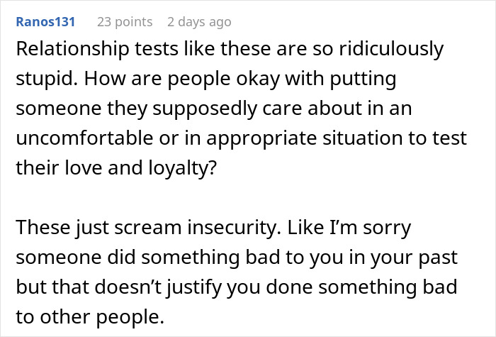 Comment discussing immaturity, relationship tests, and how the new girlfriend learns about past behavior.