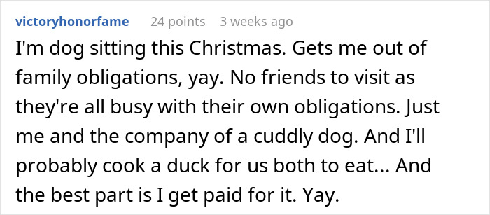 Screenshot of a social media comment discussing spending Christmas dog sitting while others avoid family responsibilities. Screenshot of a social media comment discussing spending Christmas dog sitting while others avoid family responsibilities.