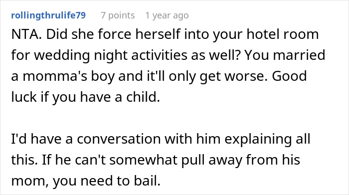 Screenshot of a Reddit comment discussing a mother-in-law wearing a white dress to her son&rsquo;s wedding causing conflict.