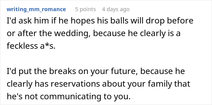 Screenshot of a forum comment discussing a woman rethinking her engagement after fiancé’s lie about her family is revealed.