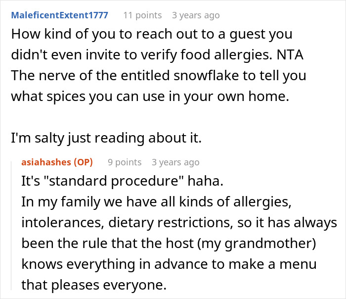 Screenshot of online discussion about a picky eater demanding a Christmas menu change from brother’s in-laws. Screenshot of online discussion about a picky eater demanding a Christmas menu change from brother’s in-laws.
