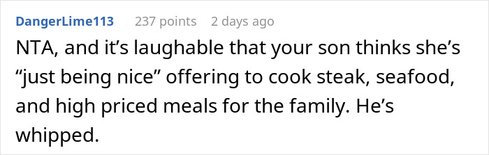 Screenshot of an online comment discussing a mom accused of embarrassing her son’s girlfriend who offered to cook meals. Screenshot of an online comment discussing a mom accused of embarrassing her son’s girlfriend who offered to cook meals.
