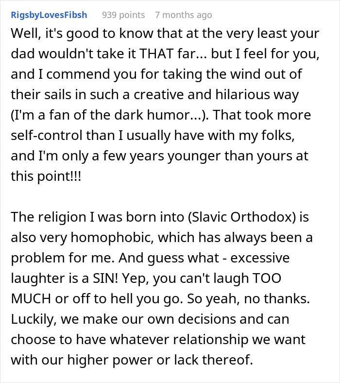 Comment discussing a secretly gay teen using dark humor to address homophobic parents and teach them respect. Comment discussing a secretly gay teen using dark humor to address homophobic parents and teach them respect.