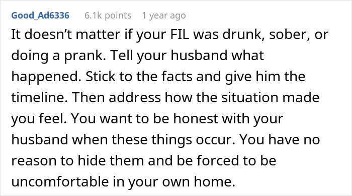 Screenshot of a Reddit comment discussing a woman shocked by FIL’s unexpected love confession and feeling lost after being asked not to tell. Screenshot of a Reddit comment discussing a woman shocked by FIL’s unexpected love confession and feeling lost after being asked not to tell.