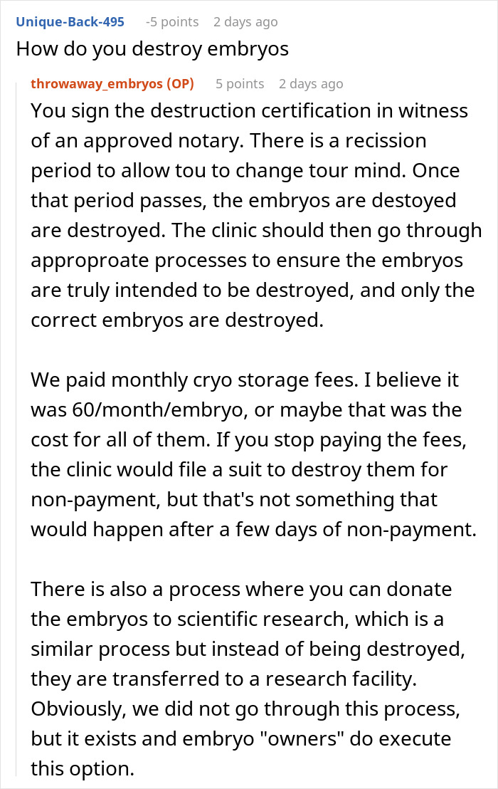 Couple deciding to destroy their embryos after discovering troubling behavior from a close friend.
