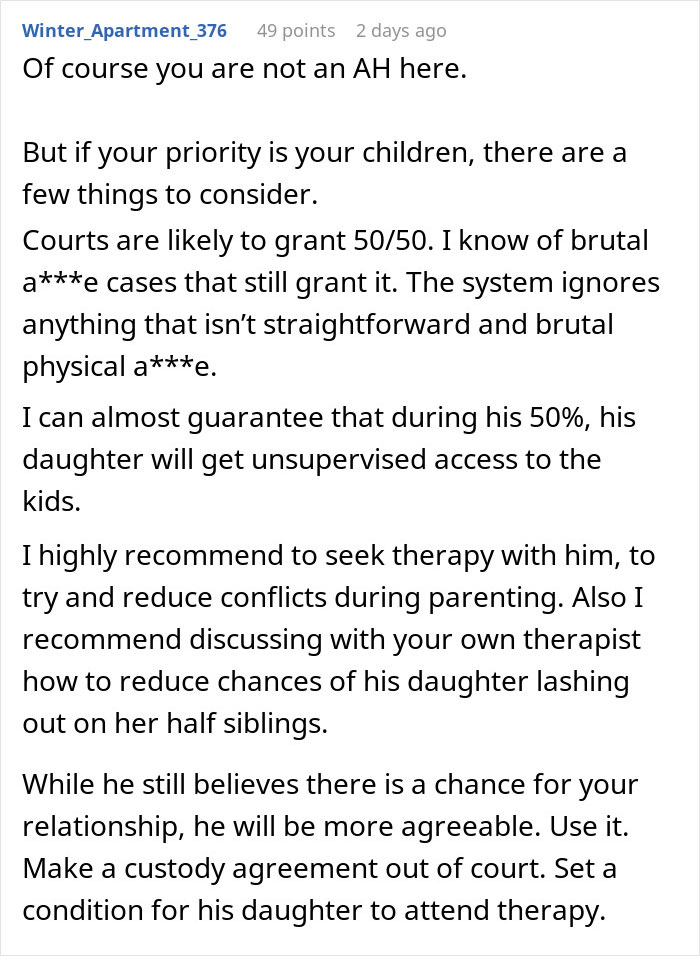 Commenter advising on custody and therapy regarding stepdaughter’s behavior and family conflicts after marriage issues. Commenter advising on custody and therapy regarding stepdaughter’s behavior and family conflicts after marriage issues.