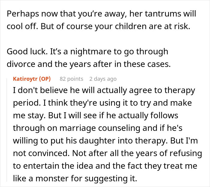 Text conversation about a woman struggling with stepdaughter’s behavior and in-laws’ comments before leaving husband. Text conversation about a woman struggling with stepdaughter’s behavior and in-laws’ comments before leaving husband.