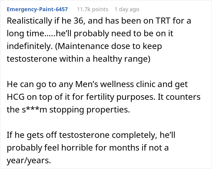 Text excerpt discussing risks to future child's health related to husband's testosterone treatment and fertility concerns. Text excerpt discussing risks to future child's health related to husband's testosterone treatment and fertility concerns.