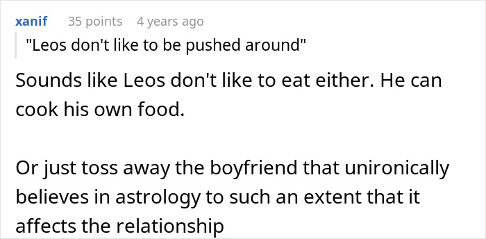 Screenshot of a Reddit comment discussing a boyfriend who blames astrology for relationship issues after cheating.