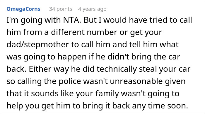 Comment supporting woman after half-brother arrested for stealing her car, family conflict over the incident.