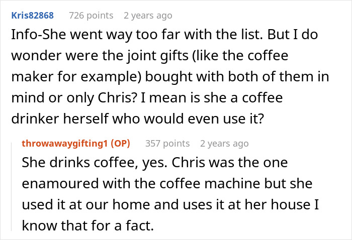 Screenshot of an online discussion about a coffee maker gift on a sil Christmas gift list thread. Screenshot of an online discussion about a coffee maker gift on a sil Christmas gift list thread.