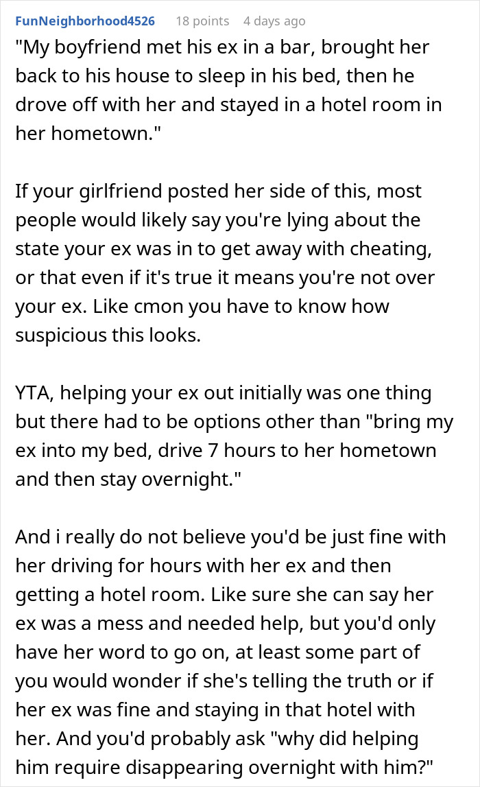Text post on social media describing a guy going above and beyond for his ex causing tension with current partner. Text post on social media describing a guy going above and beyond for his ex causing tension with current partner.