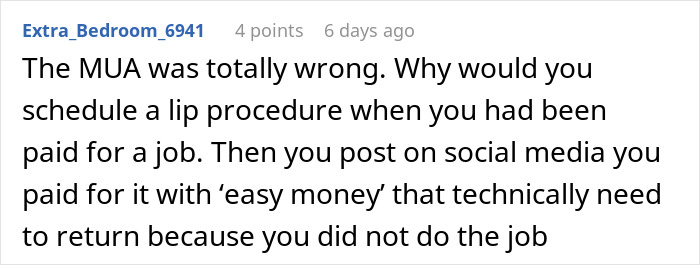 Comment discussing a makeup artist pretending to be sick on a woman&rsquo;s wedding day for easy money on social media.