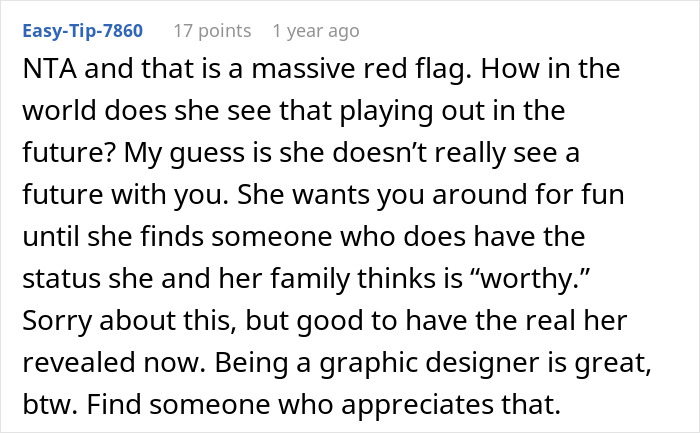 Screenshot of an online comment discussing a red flag in a relationship involving pressure to lie about a man’s graphic design career.
