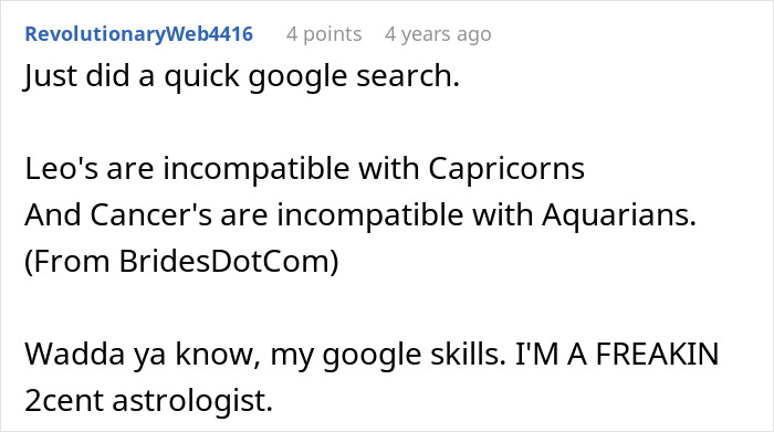 Screenshot of a Reddit comment about astrology compatibility and a woman dumping her boyfriend over cheating and Cancer traits.
