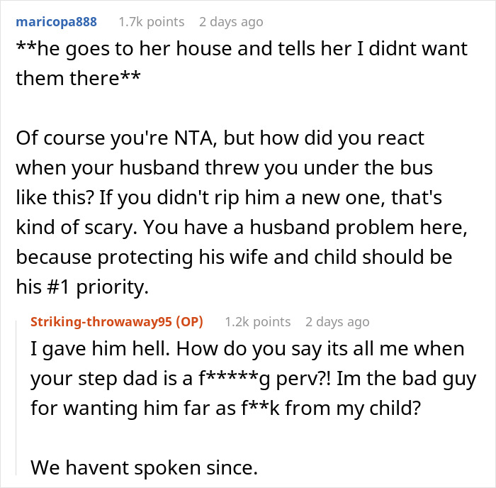Commenters discuss a woman banning her MIL’s creepy husband, causing tension and marriage problems. Commenters discuss a woman banning her MIL’s creepy husband, causing tension and marriage problems.