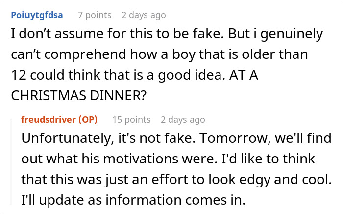 Reddit users debate a guy wearing an inappropriate shirt as a dare to dinner with his girlfriend’s parents. Reddit users debate a guy wearing an inappropriate shirt as a dare to dinner with his girlfriend’s parents.