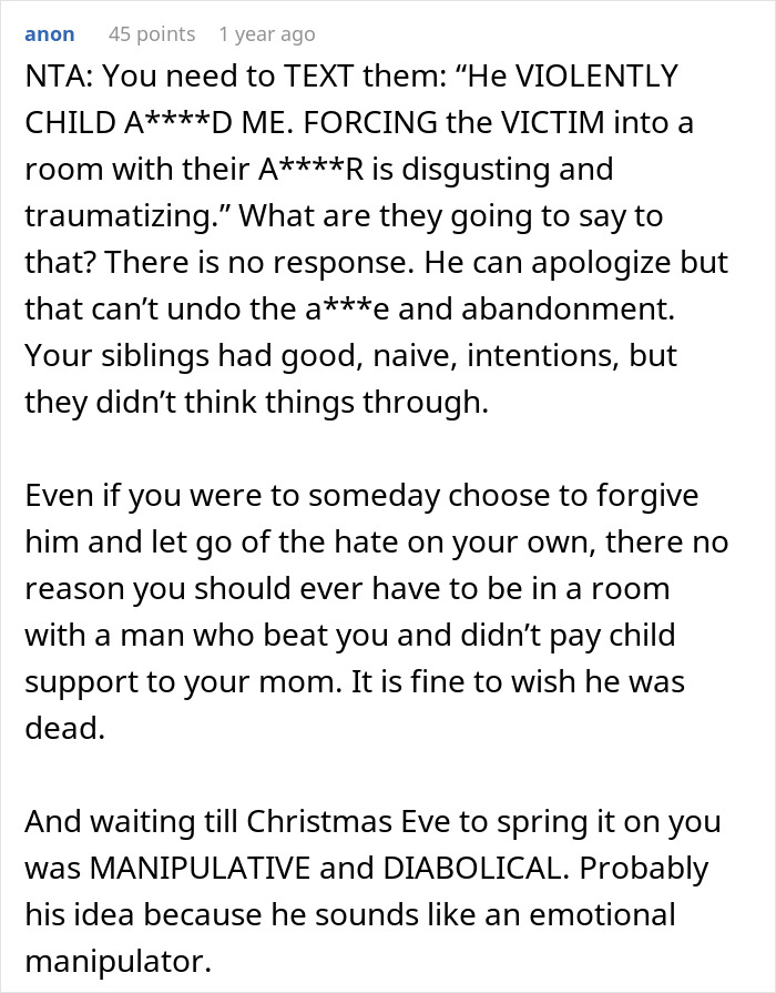 Text discussing a guy kicking siblings out after they reveal a surprise, highlighting family conflict and manipulation.