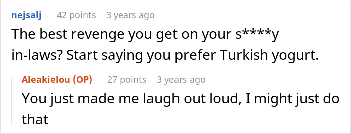 Screenshot of a Reddit conversation about dealing with in-laws and expressing repressed rage toward a mother-in-law.