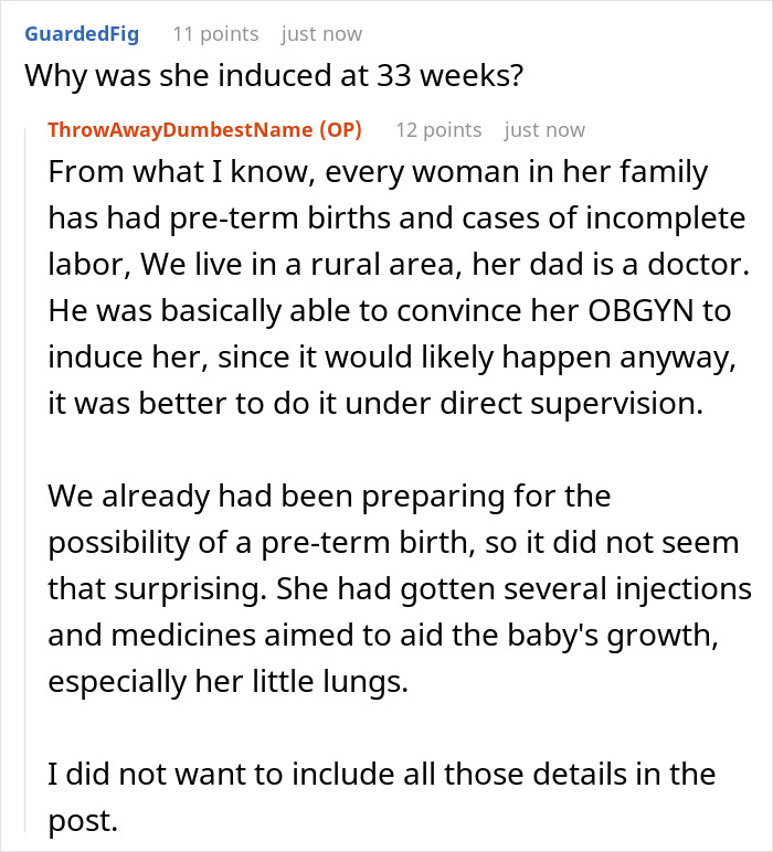 Online forum conversation discussing pre-term birth details amidst a couple on the verge of breakup over newborn's bizarre name.