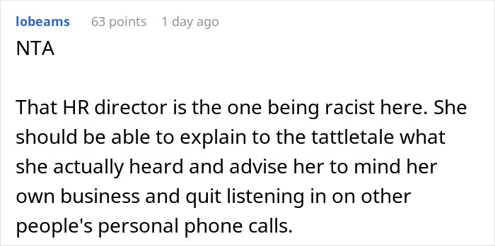 Comment discussing HR director's role in a workplace conflict involving a call in Korean and a triggered coworker.
