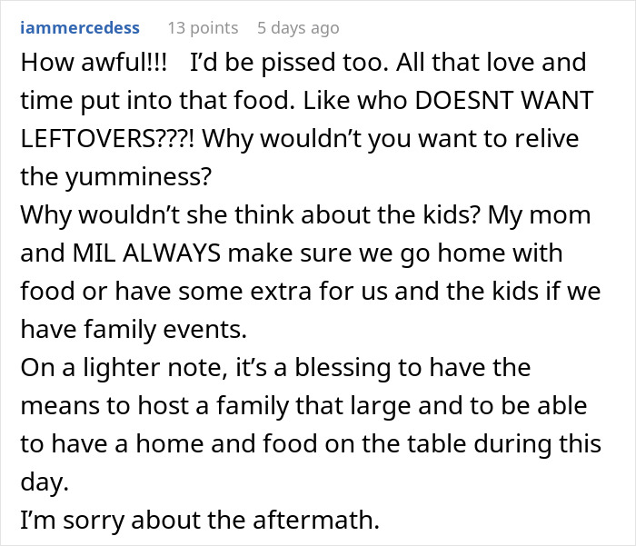 Text commentary from user about a couple hosting an expensive Thanksgiving dinner and missing leftovers.