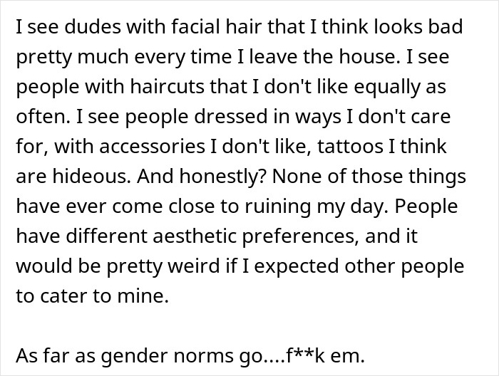Text discussing personal views on facial hair, haircuts, and gender norms, with a focus on a woman’s hairy armpits. Text discussing personal views on facial hair, haircuts, and gender norms, with a focus on a woman’s hairy armpits.