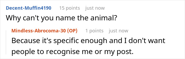 Reddit screenshot of two comments: user asks why name the animal, OP says it's specific and avoids recognition, racist gift Reddit screenshot of two comments: user asks why name the animal, OP says it's specific and avoids recognition, racist gift