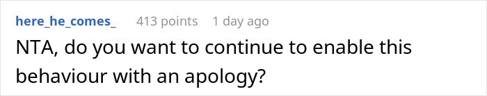 Reddit comment discussing apology in a thread about a woman hosting a casual Christmas with a toxic mother-in-law. Reddit comment discussing apology in a thread about a woman hosting a casual Christmas with a toxic mother-in-law.