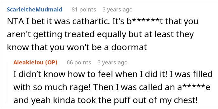 Reddit conversation showing a user describing exploding 10 years of repressed rage at their MIL in a cathartic moment.