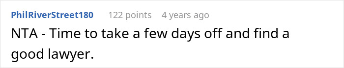 Screenshot of a Reddit comment reading NTA with advice to take days off and find a good lawyer about reheating pizza leftovers for MIL. Screenshot of a Reddit comment reading NTA with advice to take days off and find a good lawyer about reheating pizza leftovers for MIL.
