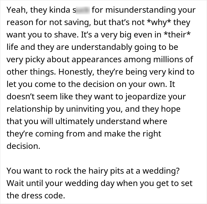 Text excerpt discussing guests' discomfort and bride and groom taking a woman's hairy armpits as a personal insult. Text excerpt discussing guests' discomfort and bride and groom taking a woman's hairy armpits as a personal insult.