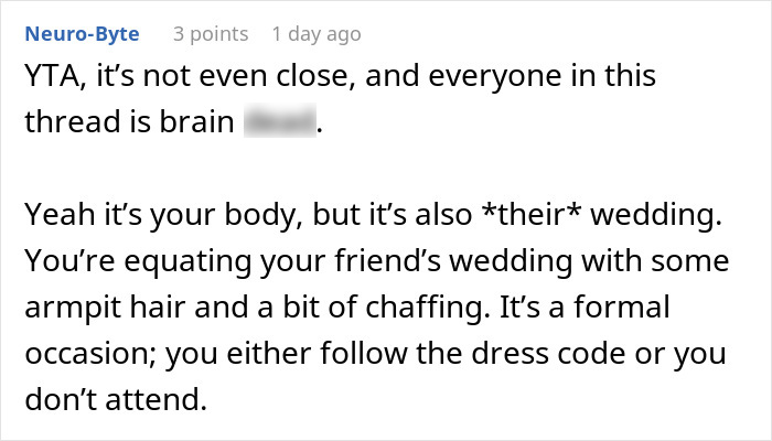 Screenshot of an online comment discussing guests' comfort and wedding dress codes regarding hairy armpits. Screenshot of an online comment discussing guests' comfort and wedding dress codes regarding hairy armpits.
