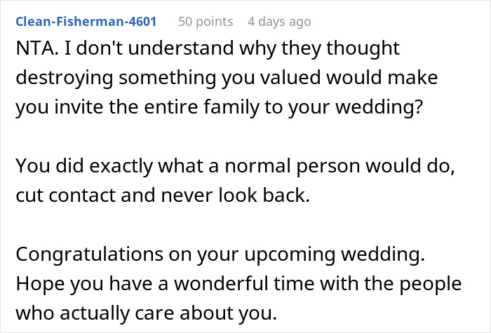 Comment discussing a man cutting off parents after their revenge related to his small wedding plans.
