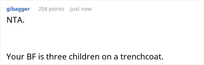 Forum screenshot: user gibagger NTA, comment Your BF is three children on a trenchcoat, referencing racist gift Forum screenshot: user gibagger NTA, comment Your BF is three children on a trenchcoat, referencing racist gift