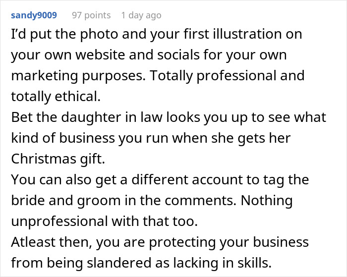 Text conversation showing advice on marketing and protecting business when MIL’s plan to make bride look ugly in wedding illustration backfires. Text conversation showing advice on marketing and protecting business when MIL’s plan to make bride look ugly in wedding illustration backfires.