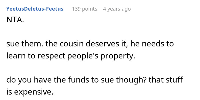 Screenshot of a Reddit comment discussing a man demanding his cousin pay for a cruel prank and the aunt’s reaction. Screenshot of a Reddit comment discussing a man demanding his cousin pay for a cruel prank and the aunt’s reaction.