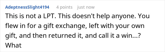 Screenshot of a Reddit comment criticizing a guy who steals his own white elephant gift and gets a refund, sparking debate online. Screenshot of a Reddit comment criticizing a guy who steals his own white elephant gift and gets a refund, sparking debate online.
