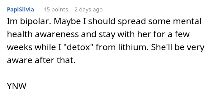 Text comment about bipolar disorder and mental health awareness, mentioning a mom friend and daughter at Christmas dinner context. Text comment about bipolar disorder and mental health awareness, mentioning a mom friend and daughter at Christmas dinner context.
