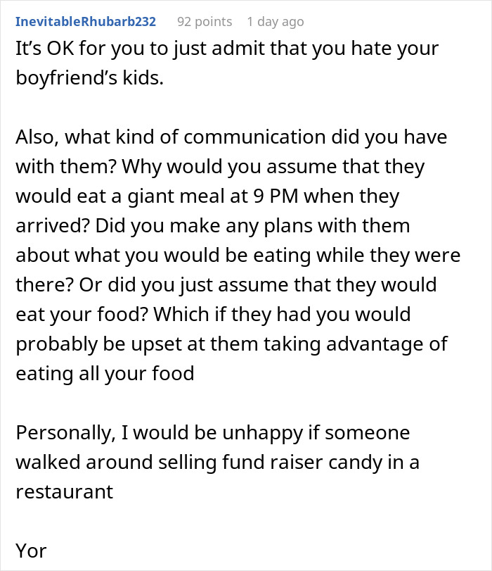 Comment discussing strained relations between woman bending over backwards for boyfriend’s son and his girlfriend and how they treat her.