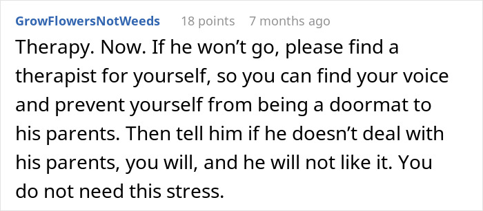 Comment advising therapy for wife to find her voice as husband won’t stand up to his mother causing stress.