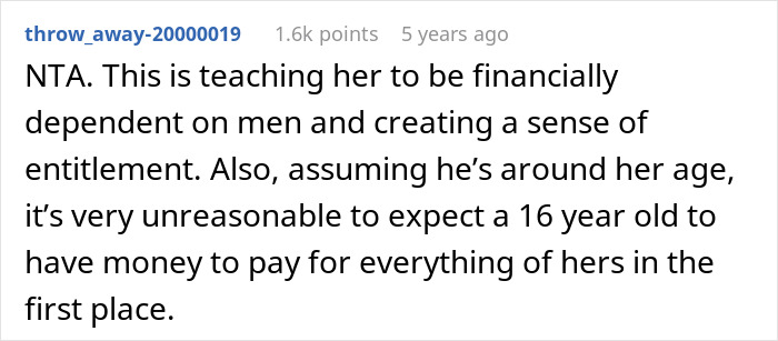 Comment discussing a dad calling out wife after she teaches daughter to treat boyfriend like a personal ATM.