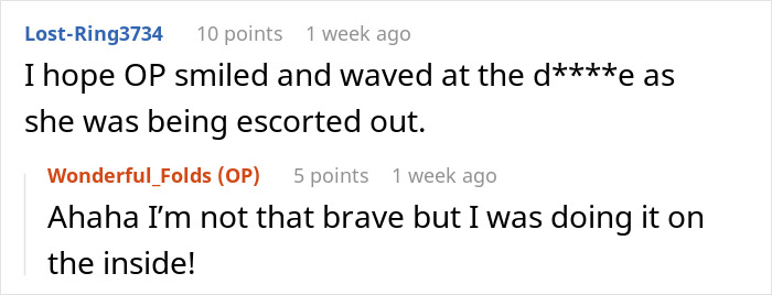 Screenshot of a social media exchange where a woman puts coworker on blast and reacts to being fired.